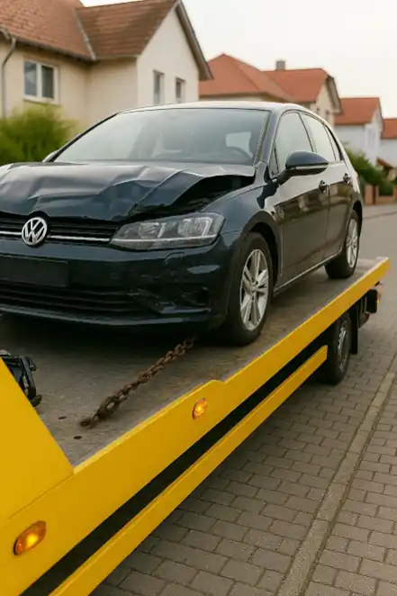 Ein defektes Auto wird abgeschleppt, um im Rahmen des Autoankaufs in Marburg begutachtet zu werden.